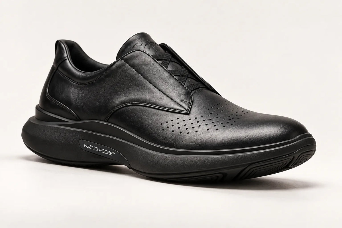 Black VUZUGU AURA Derby highlighting the outsole and ground-contact portion of the VUZUGU-CORE platform