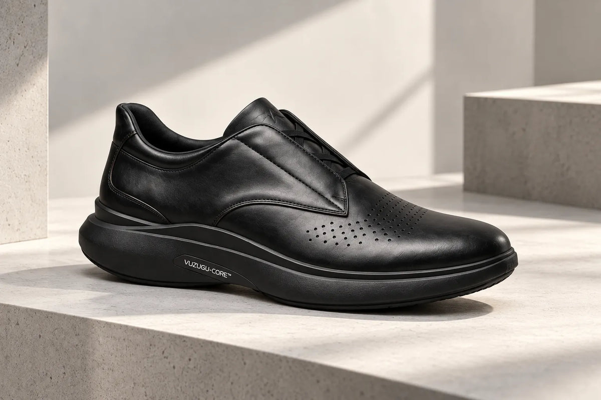 Black VUZUGU AURA Derby illustrating cushioning and structural design in the VUZUGU-CORE platform