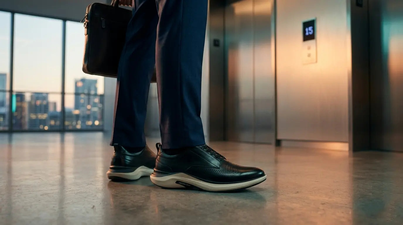 formal commuter shoes in an office corridor