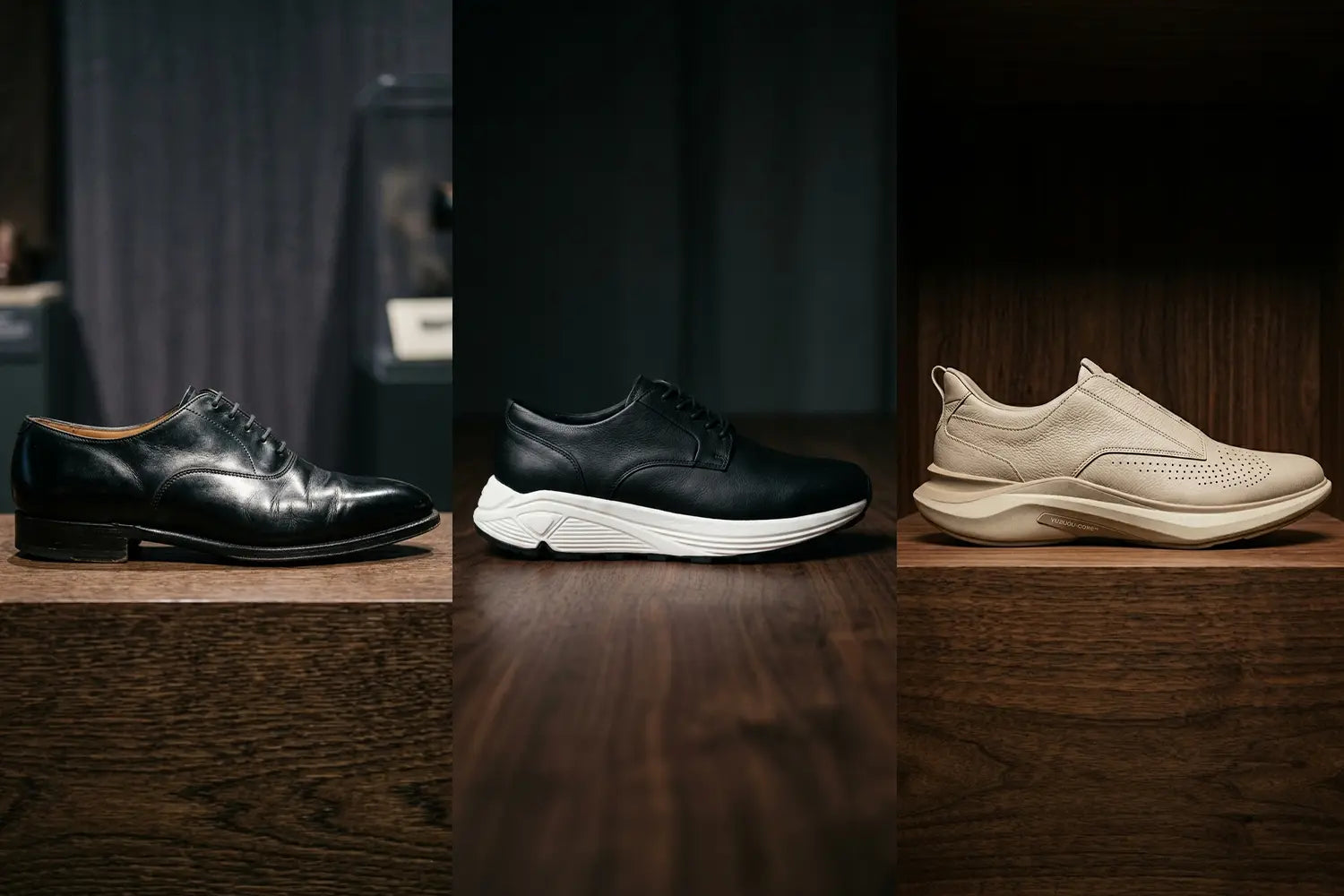 comparison of traditional office shoe soft hybrid dress shoe and aura hybrid derby