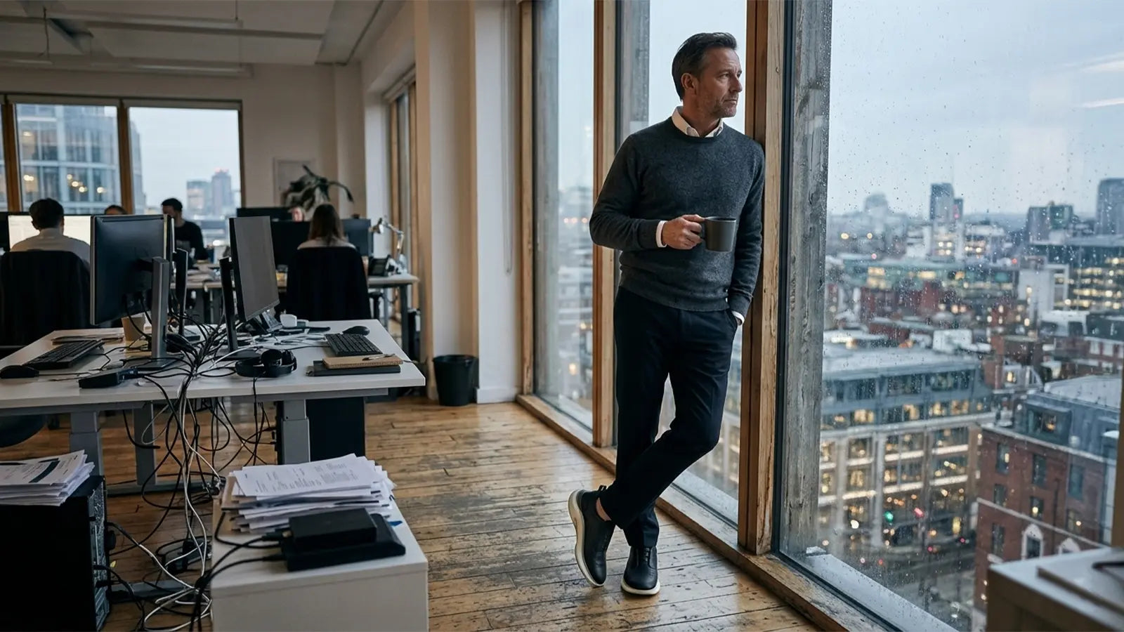 man wearing formal commuter shoes in an office hallway